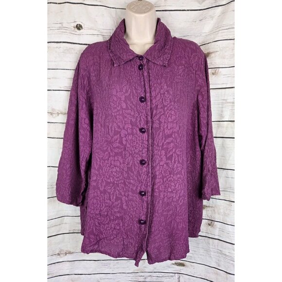 URU Textured Jacquard Purple Tunic Top XL 100% Silk Button Up Artsy Womens - Picture 6 of 9